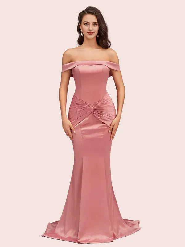 Robe de soirée longue en satin plissé, style sirène, épaules dénudées, sexy, avec traîne